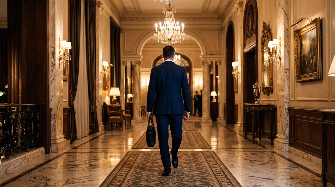 Como Ser Sugar Daddy - Empresario confiante num corredor de hotel de luxo