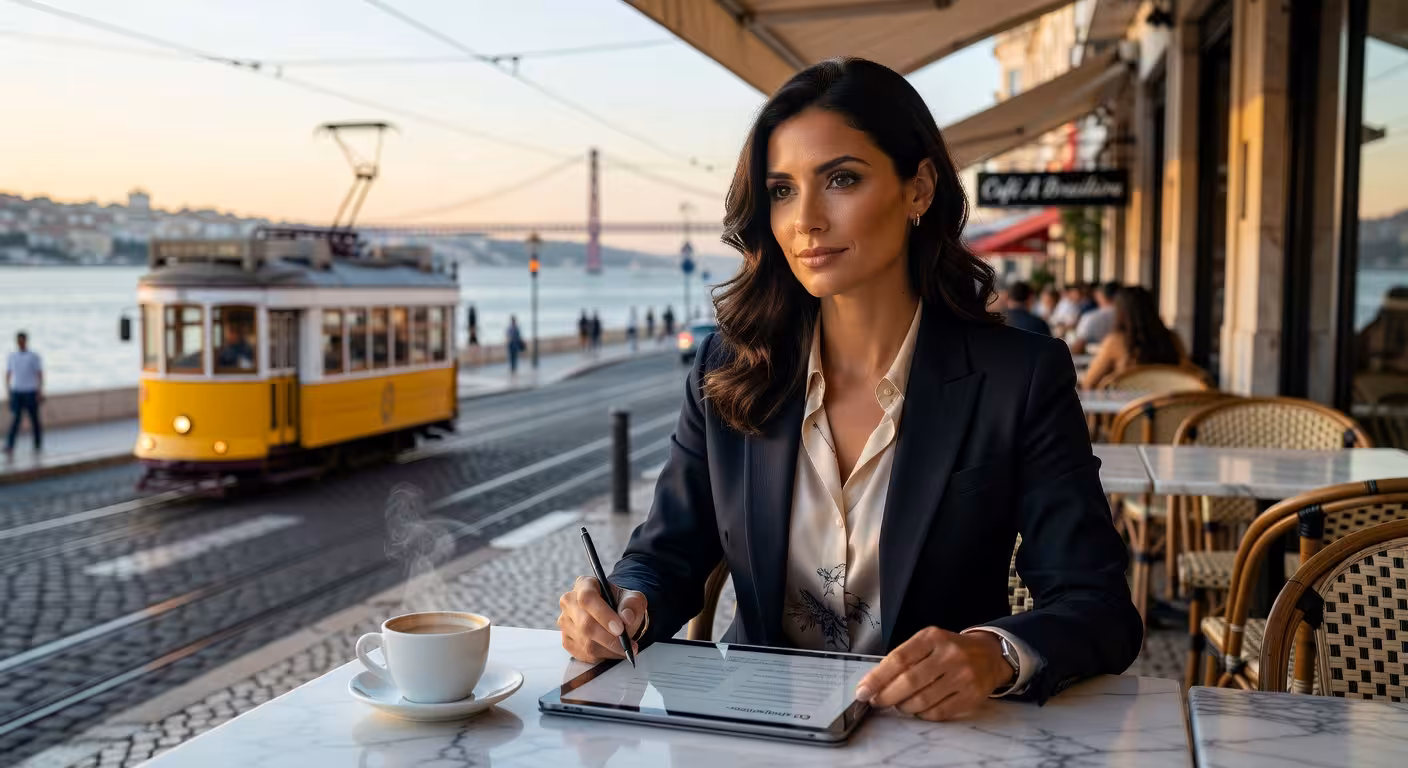 Mulher portuguesa elegante a trabalhar num café em Lisboa enquanto planeia o seu futuro