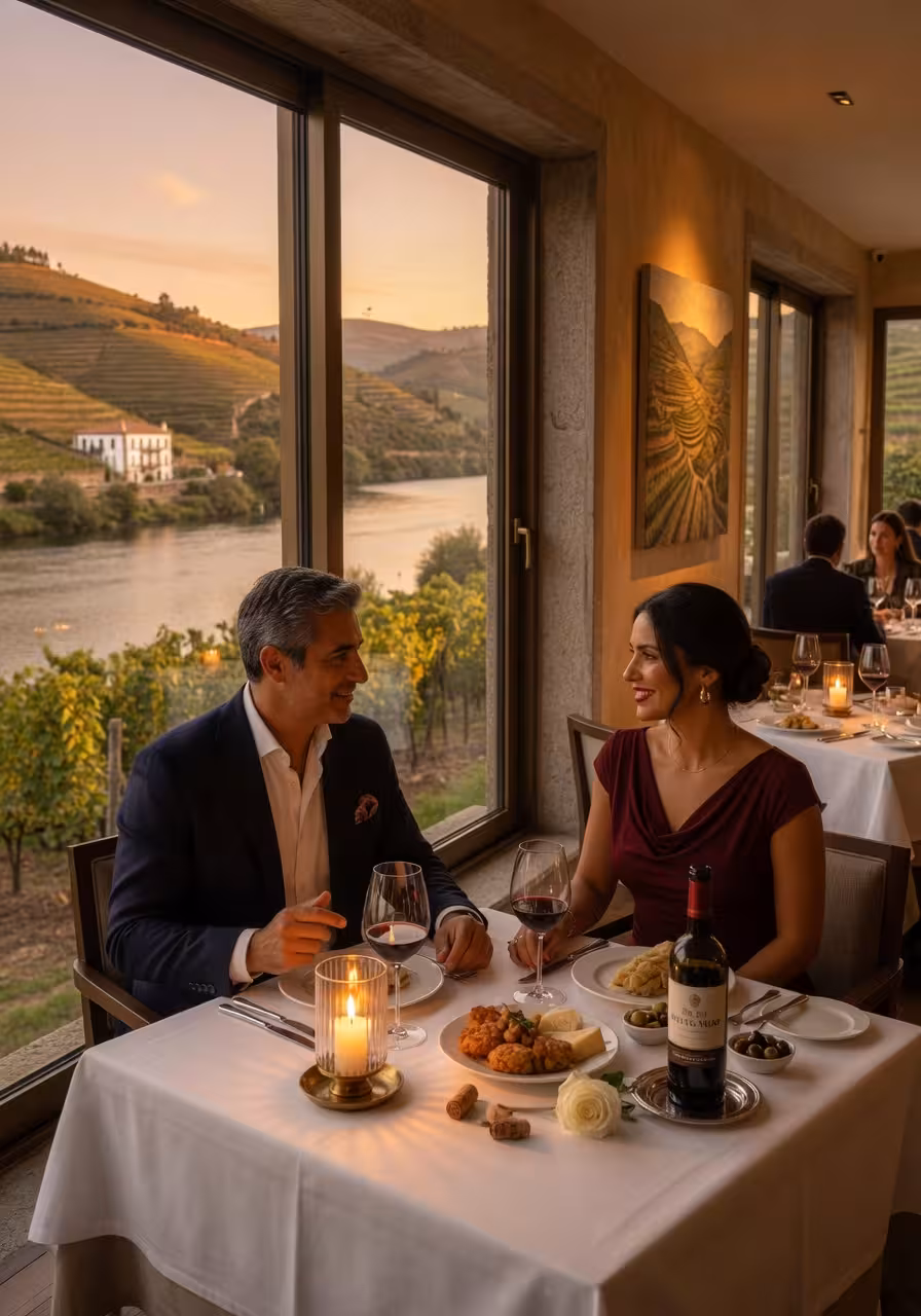 Casal elegante em jantar discreto num restaurante exclusivo do Douro