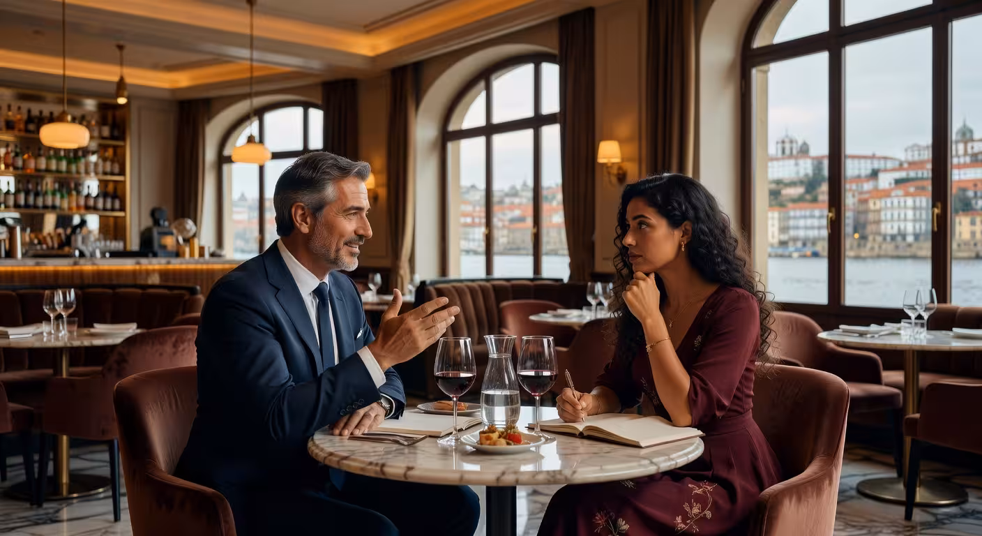 Homem maduro bem-sucedido a partilhar experiência profissional com parceira num restaurante no Porto
