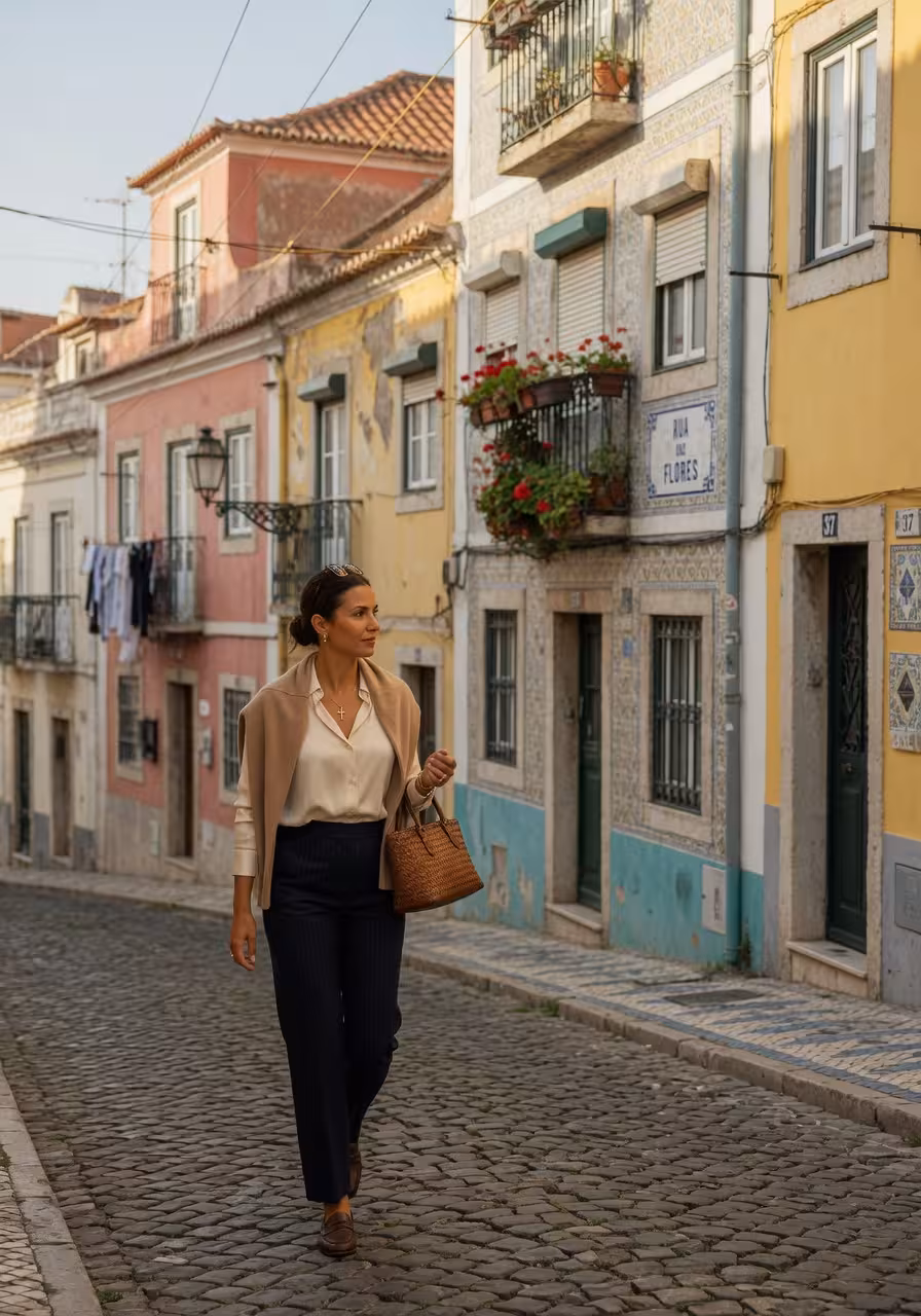 Mulher elegante a caminhar discretamente pelas ruas históricas de Alfama