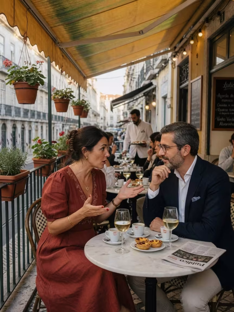 Como Manter uma Relação Sugar Saudável: 15 Dicas Essenciais Casal em conversa honesta num café em Lisboa, demonstrando comunicação aberta numa relação sugar