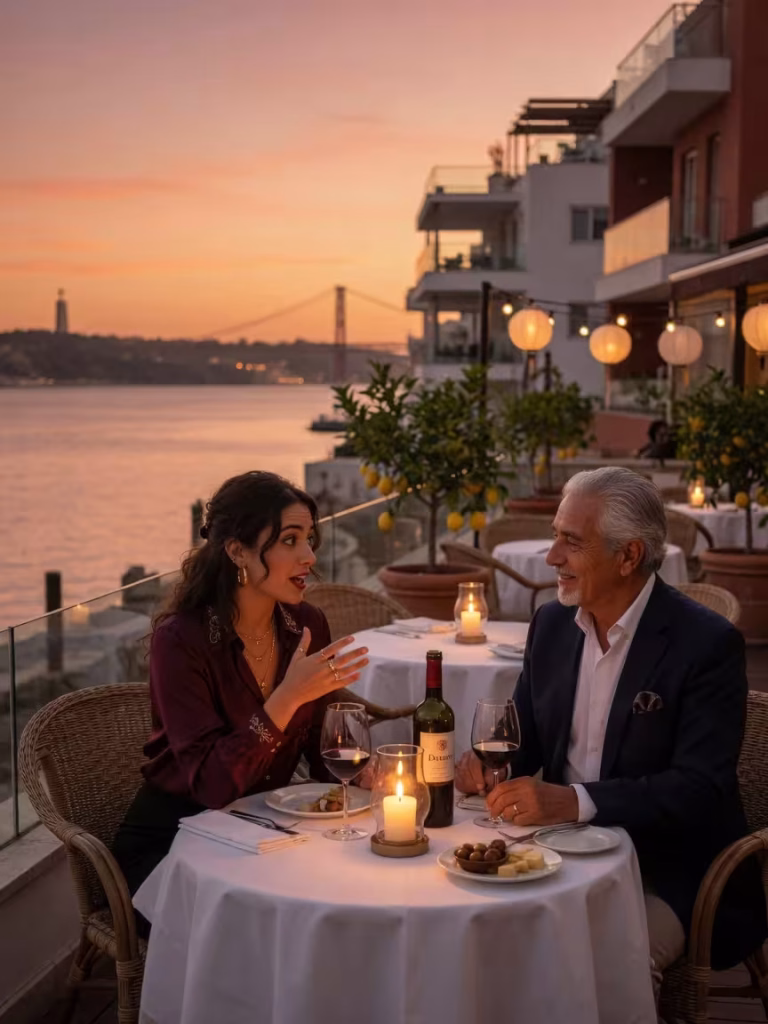Sugar Daddy Mais Velho: Vale a Pena? Prós e Contras Mulher jovem portuguesa em conversa com sugar daddy mais velho em restaurante elegante de Lisboa