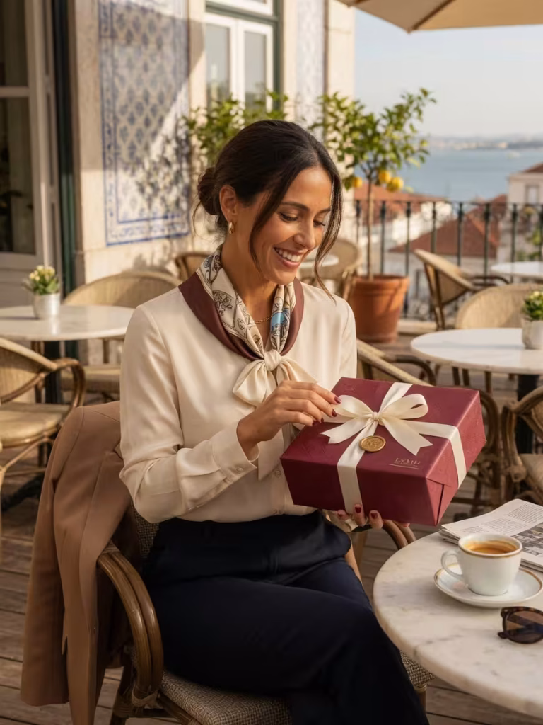 Presentes de Sugar Daddy: O Que Esperar e Como Pedir com Elegância Mulher portuguesa a receber presente elegante num café de Lisboa