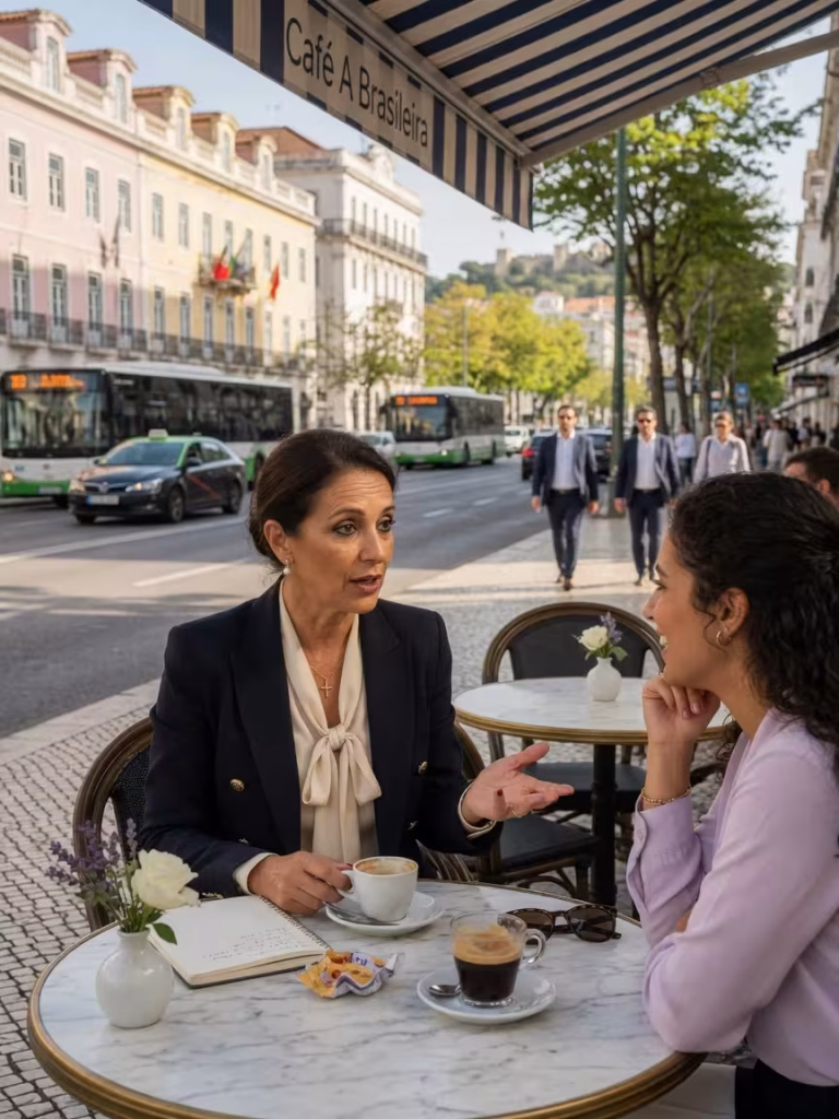 Sugar Daddy vs Sugar Mommy: As Diferenças Que Precisas Saber Mulher portuguesa elegante conversando num café sofisticado em Lisboa