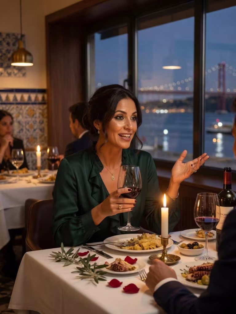 Jantar de Luxo Exige Conversas Cativantes: 5 Dicas Para Melhorar o Diálogo no Sugar Dating Mulher portuguesa elegante em conversa animada durante jantar sofisticado em Lisboa