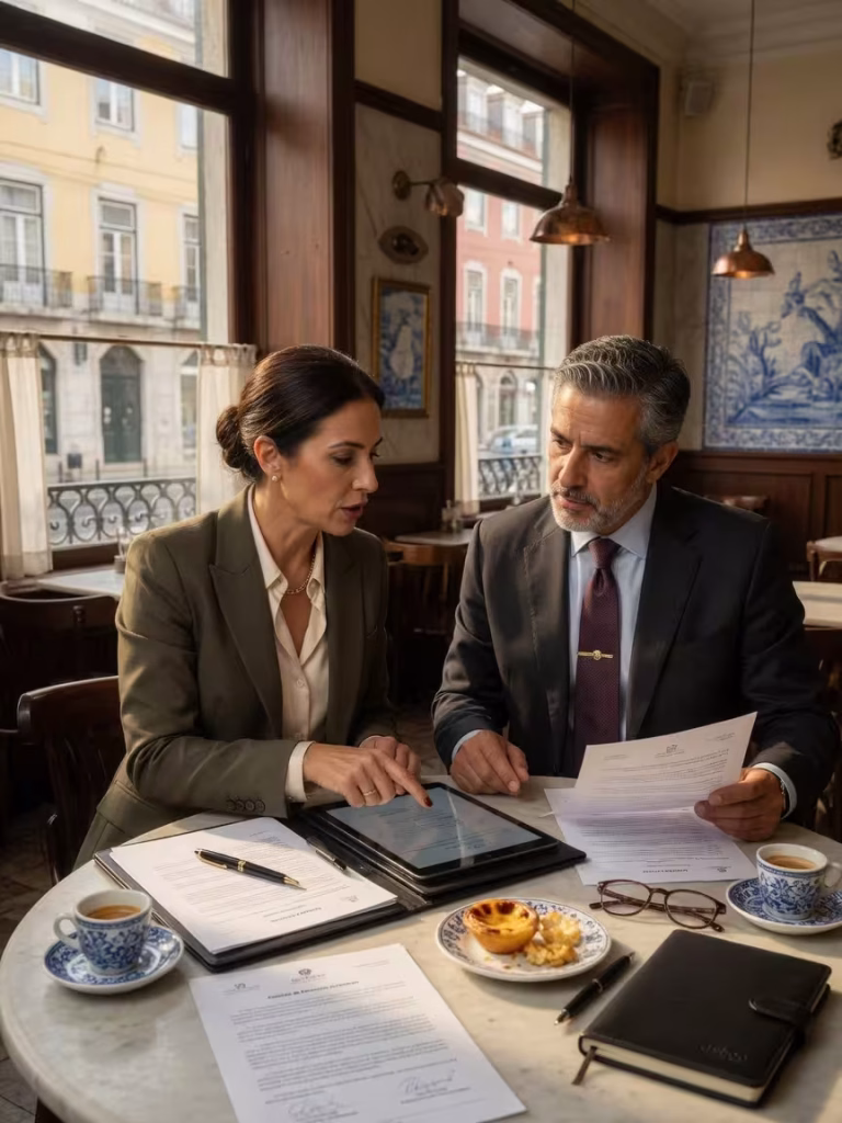 O Compromisso com os Termos do Acordo: A Chave para um Sugar Dating de Sucesso Casal a discutir termos de acordo sugar num café elegante em Lisboa