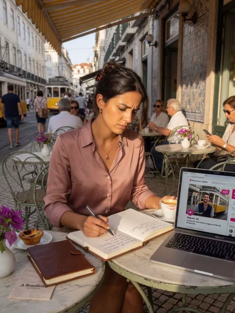 10 Erros Comuns de Sugar Baby Iniciante (e Como Evitá-los) Jovem portuguesa a planear estratégia de sugar dating num café em Lisboa